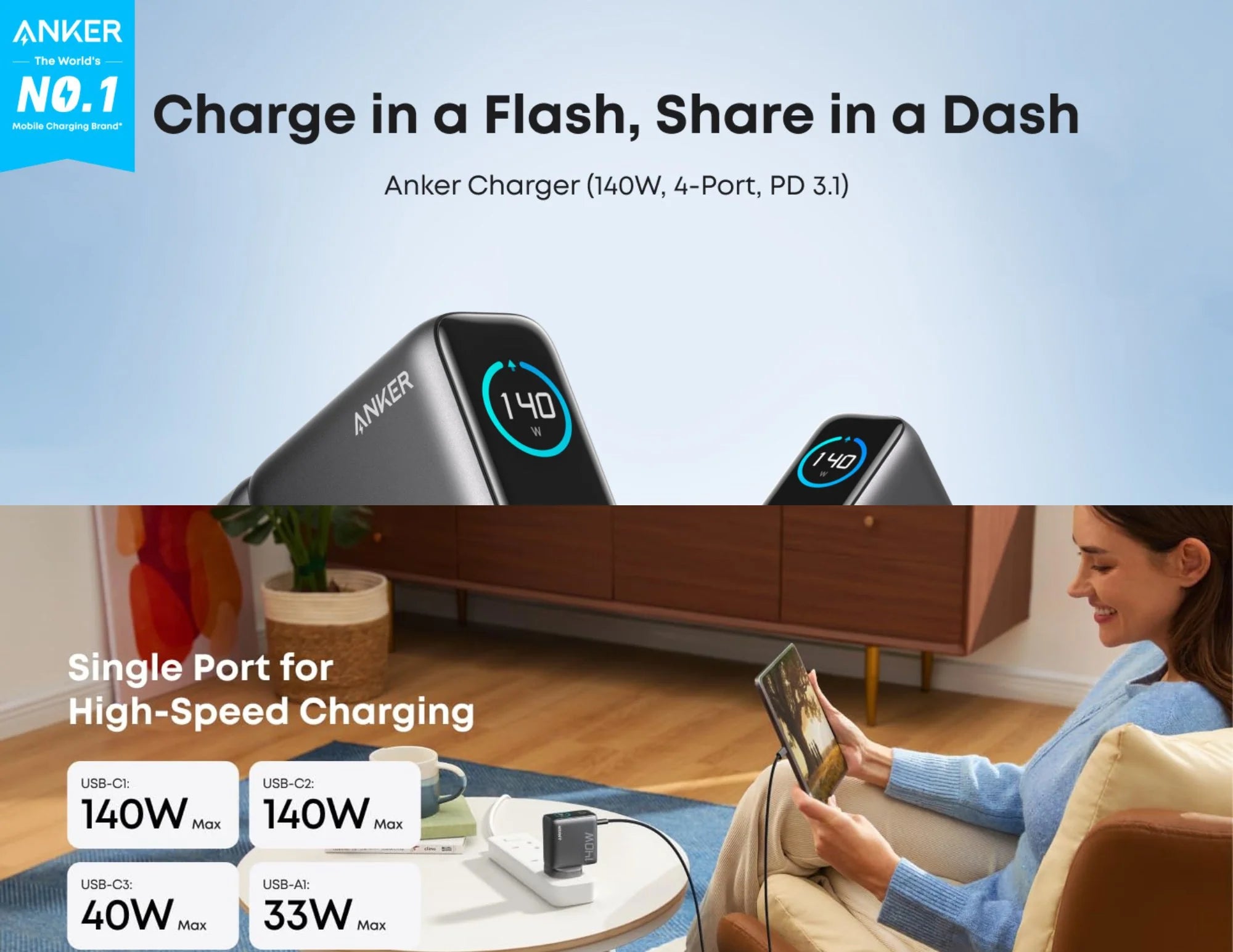Anker 140W 4-Port GaN Laptop Charger with USB-C Cable and Smart Display (B2697KZ1)