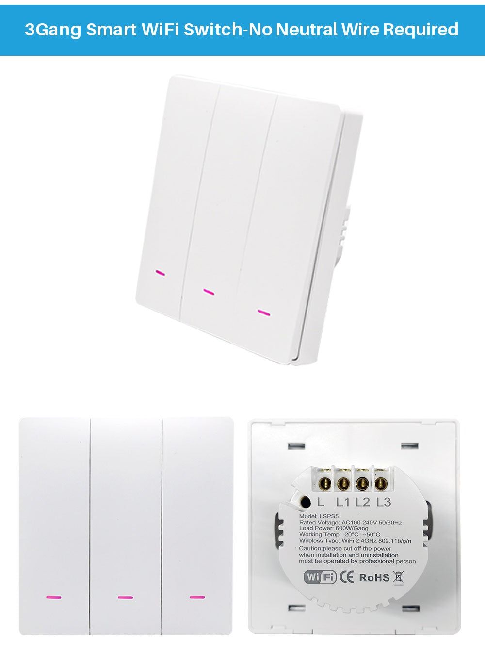 Smart Wifi Switch 220V No Neutral Wire Support Alexa and Google Home - New