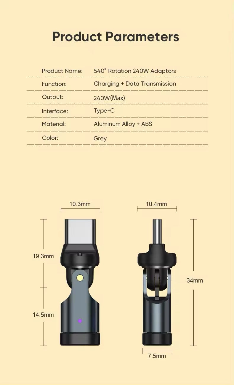 AUFU 240W OTG Type C Adapter USB Type C Male to Type C Female - 540° degree rotation