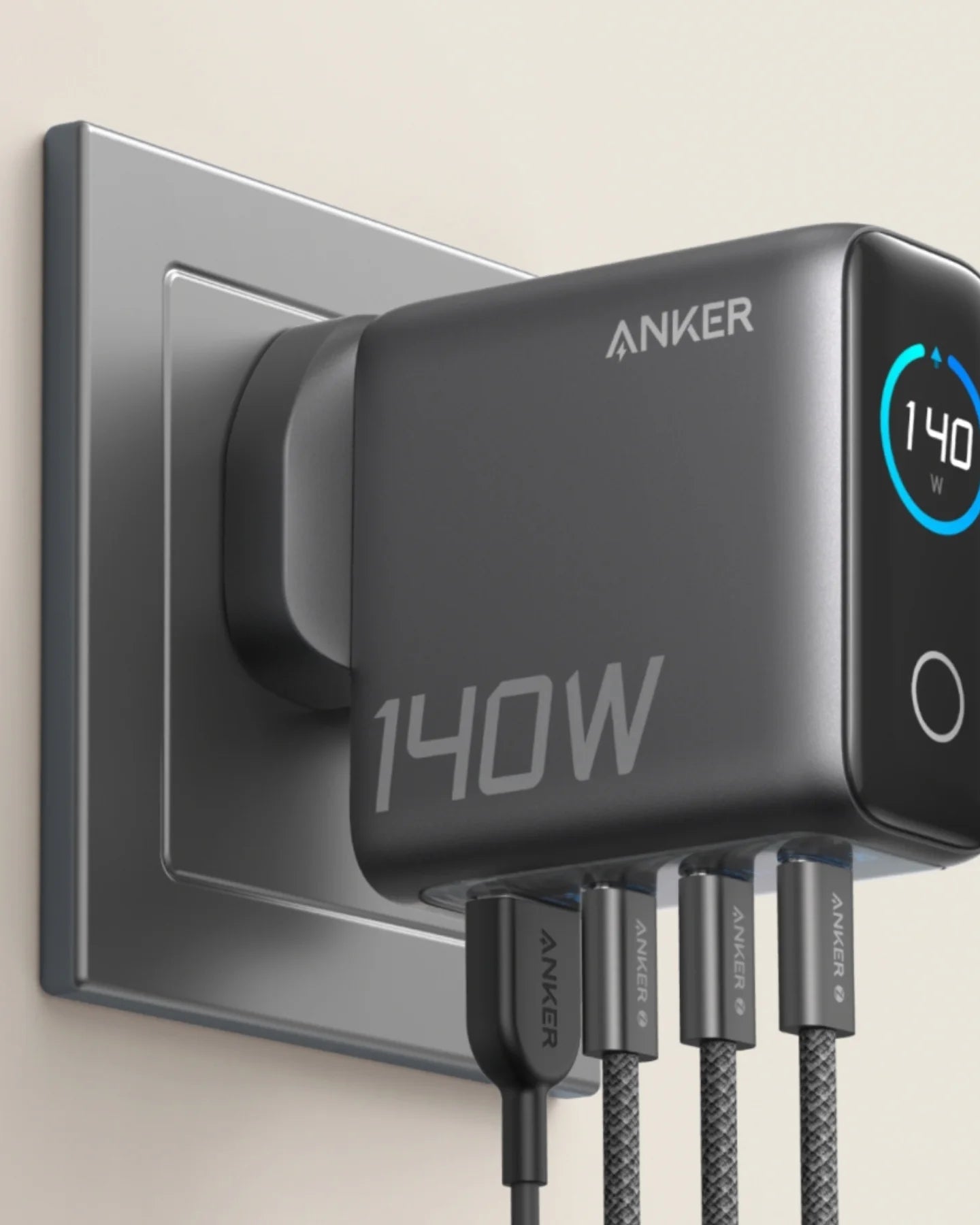 Anker 140W 4-Port GaN Laptop Charger with USB-C Cable and Smart Display (B2697KZ1)