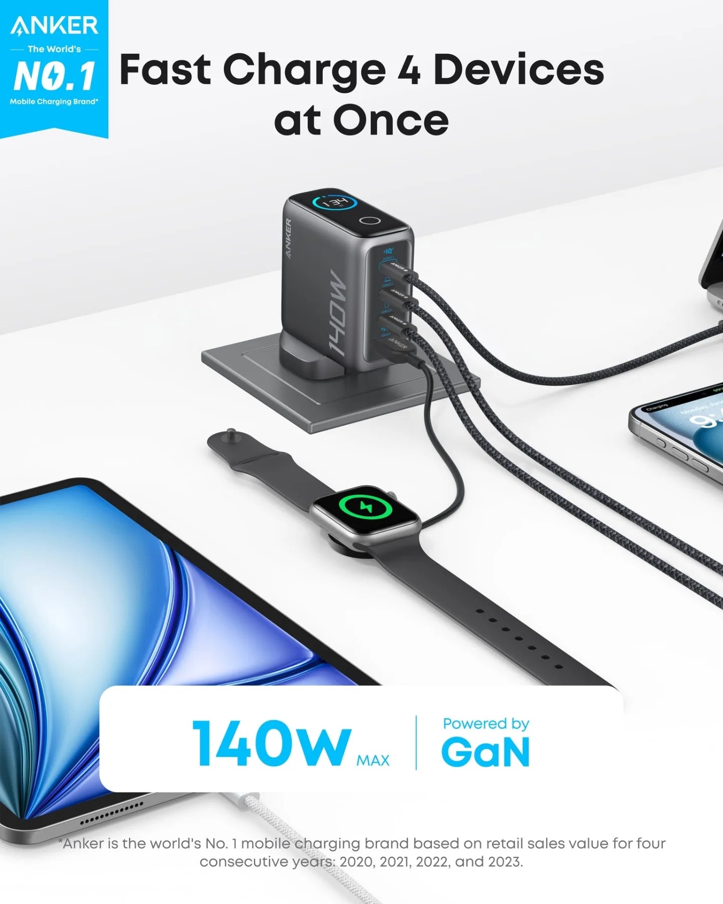 Anker 140W 4-Port GaN Laptop Charger with USB-C Cable and Smart Display (B2697KZ1)