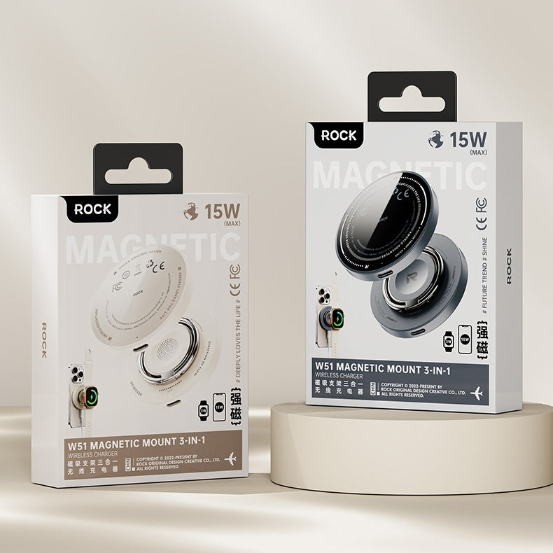 ROCK  3 in 1  (Magsafe)  Magnetic Wireless Charger with Ring Holder 15W Mini Fast Charging Pad For AirPods iWatch