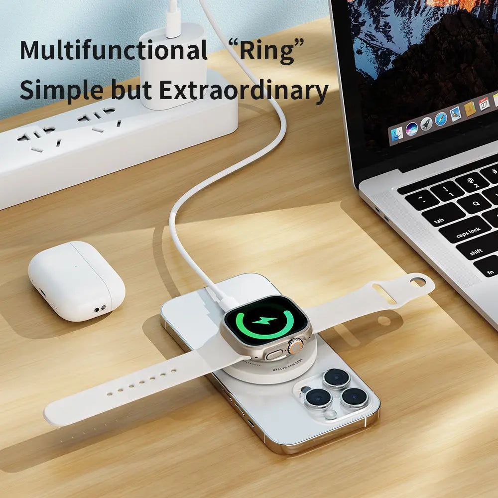 ROCK  3 in 1  (Magsafe)  Magnetic Wireless Charger with Ring Holder 15W Mini Fast Charging Pad For AirPods iWatch