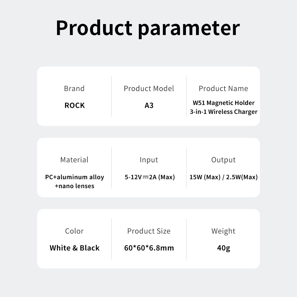 ROCK  3 in 1  (Magsafe)  Magnetic Wireless Charger with Ring Holder 15W Mini Fast Charging Pad For AirPods iWatch
