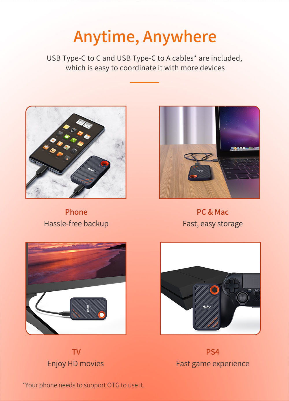 Netac External SSD 1tb  SSD External Hard Drive USB 3.2 Type C Portable Solid State Disk For Laptop
