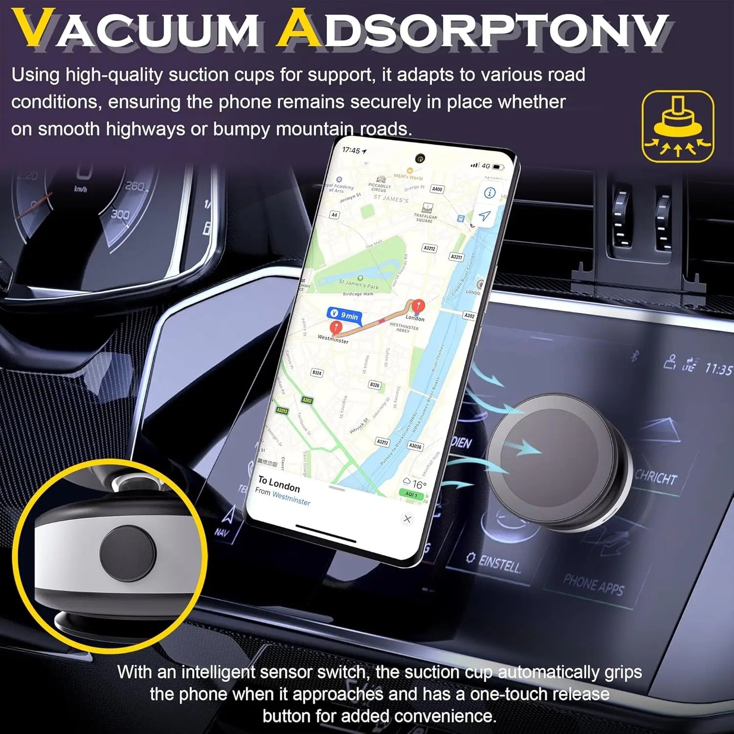 Electric Vacuum Magnetic Car Mount Stand for Cell Phone 360° Rotation