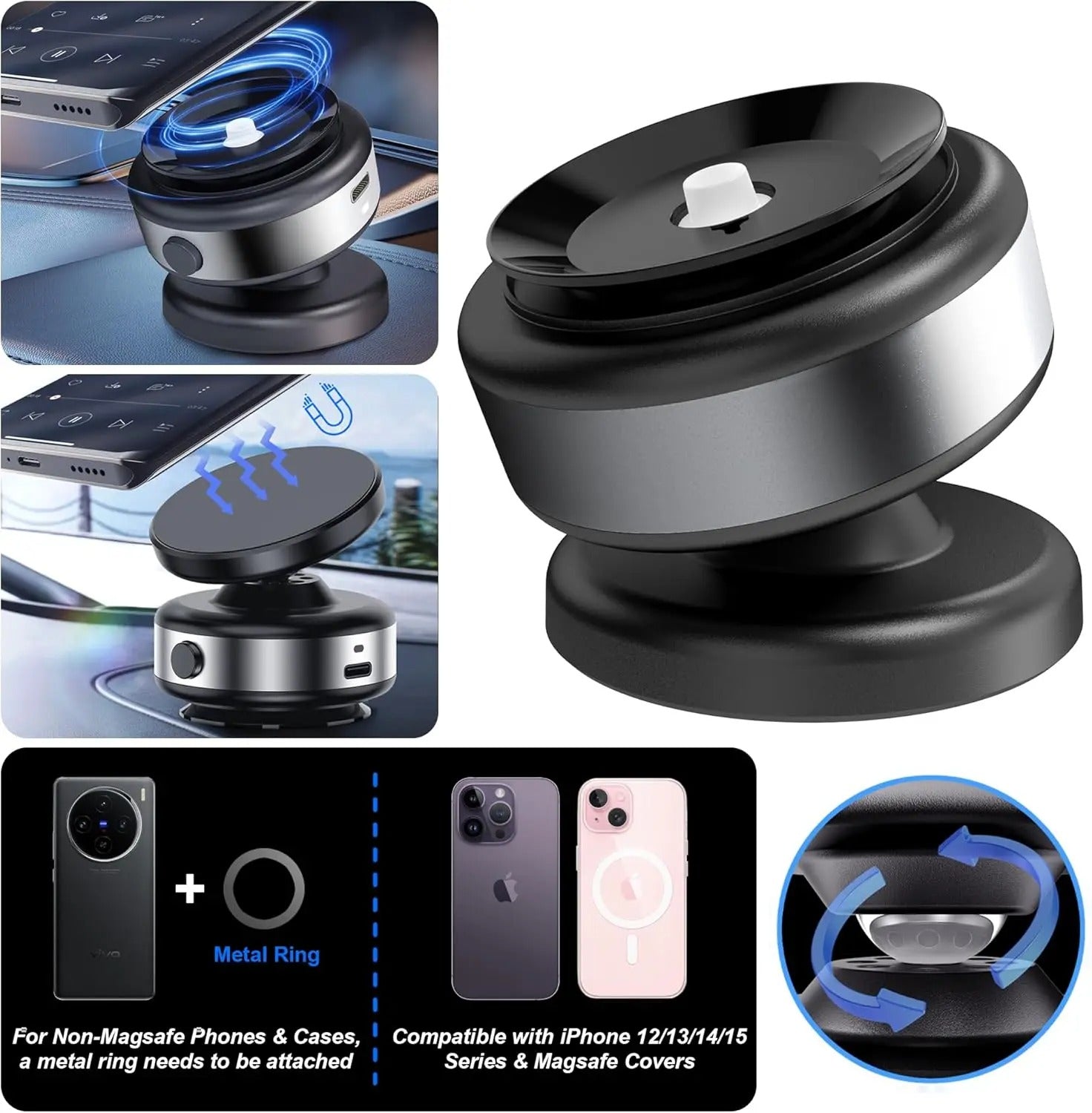 Electric Vacuum Magnetic Car Mount Stand for Cell Phone 360° Rotation