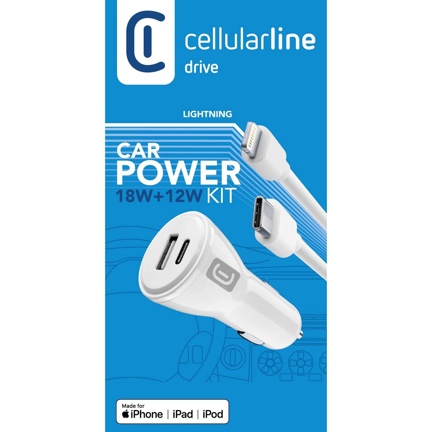 Cellularline USB-C™ Car Charger Dual Kit 18W + 12W – USB-C to Lightning