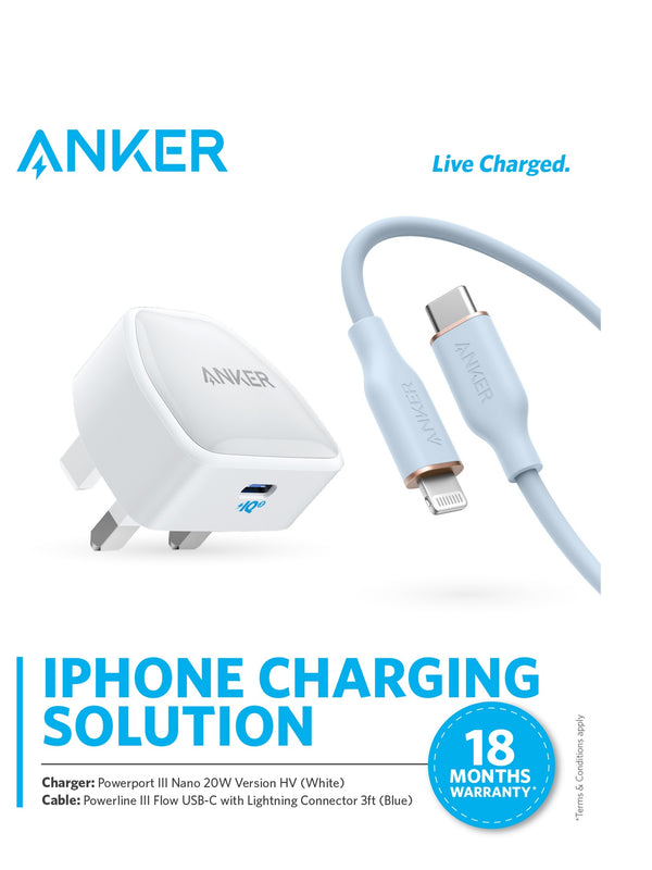 Anker Special Bundle -POWERLINE III FLOW USB-C WITH LIGHTNING CONNECTOR 3FTBLUE +  POWER PORT III NANO 20W VESION  HV WHITE