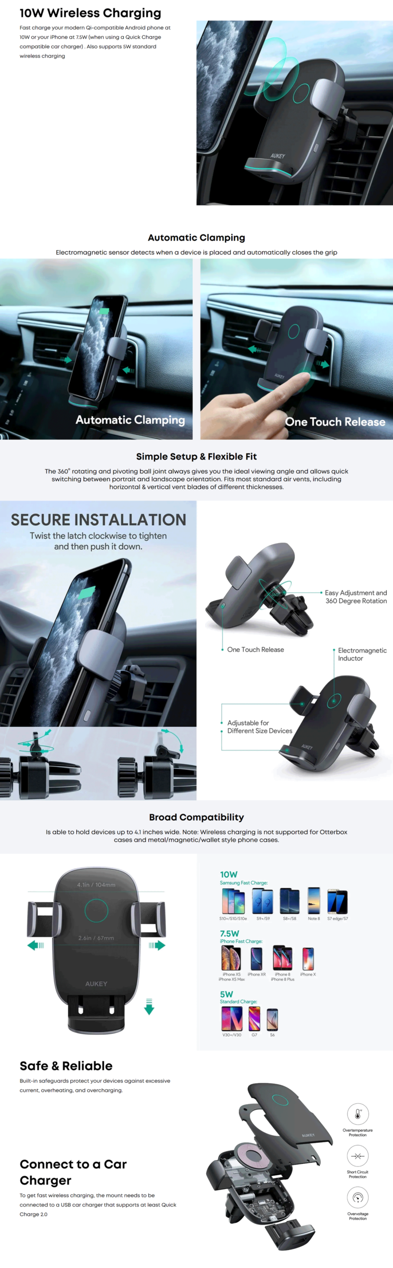 Aukey HD-C52 Navigator Wind II 10W Wireless Charging Phone Mount – Black