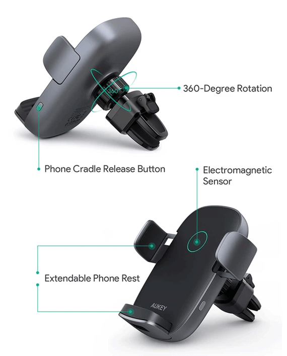 Aukey HD-C52 Navigator Wind II 10W Wireless Charging Phone Mount – Black