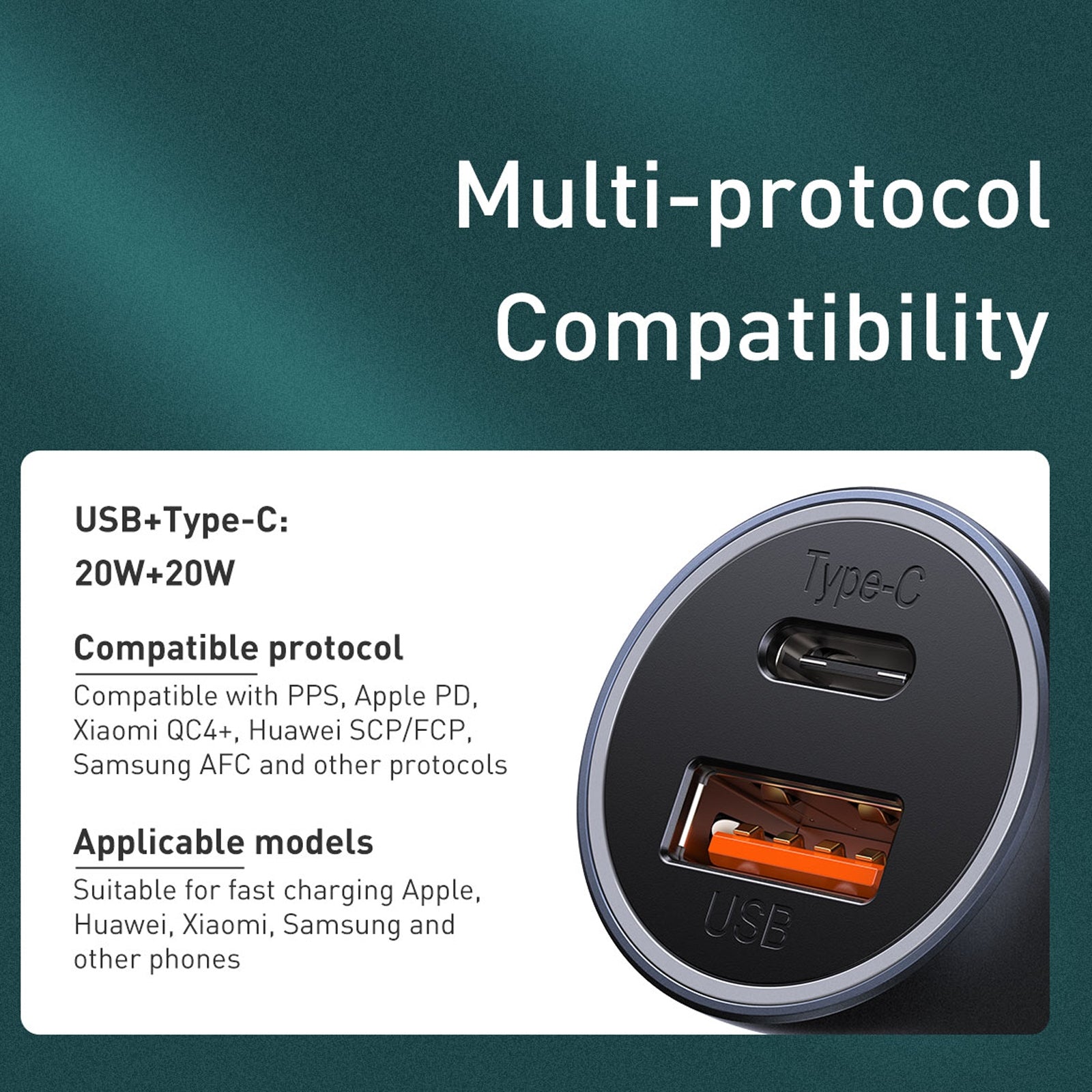 BASEUS  40W USB&USB-C   Type-C Dual Quick Charging Car Charger with Cable