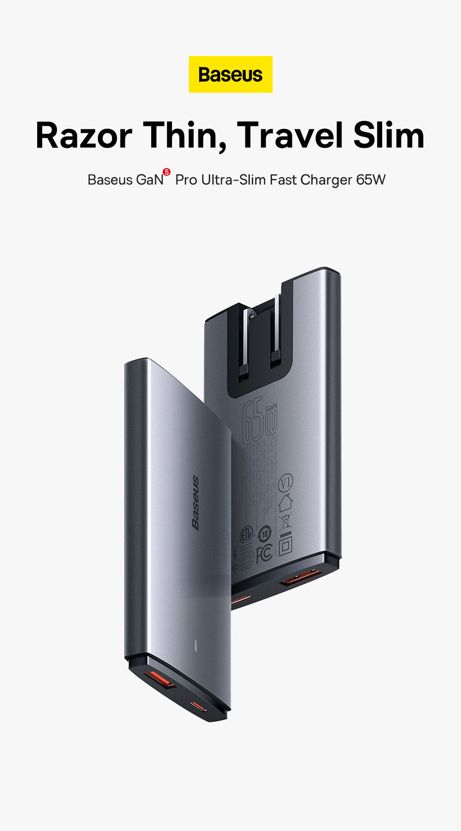 Baseus 65W GaN5 Charger Quick Charge  Portable Travel Charger Fast Charging For Laptop iPhone 14 13 & More